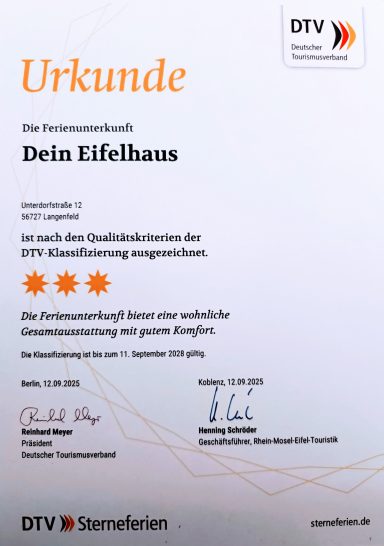 DTV-Zertifizierung Urkunde für das Elfenhaus mit drei Sternen und Unterschrift des DTV.